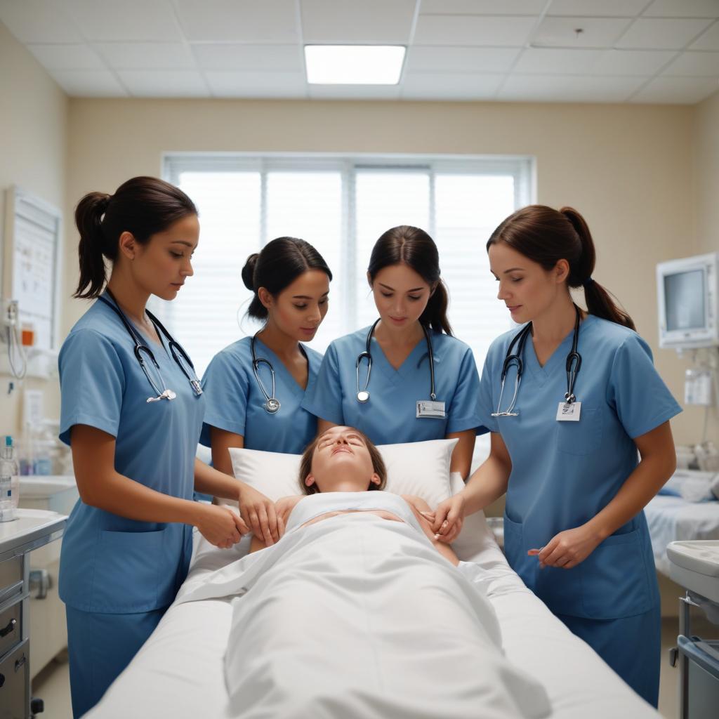 Professional nursing care team assisting a patient in a hospital